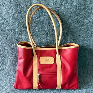 Jon Hart Red Tote Bag Tan Leather Double Handles Zip Closure Inner/Outer Pockets